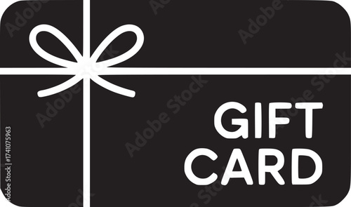 A black gift card with white text and a white bow on a light gray background in a simple design