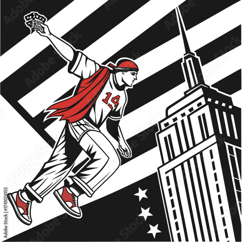 Man in red cape throws cards in front of skyscraper