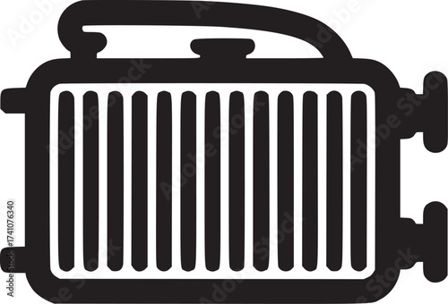A black and white graphic illustration of a radiator with a handle on a white background