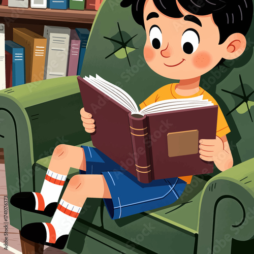 Boy Reading Comfortably in Green Armchair with Bookshelf