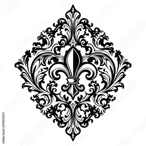 Black fleur de lis damask ornament on white background