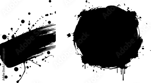 Black Ink Splatter and Brush Stroke Design Elements on White Background.