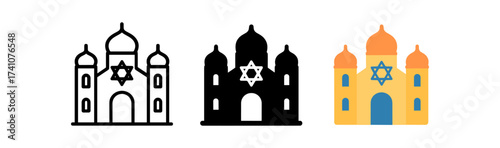 Synagogue icons set: outline, solid, and colorful designs of religious architecture with star symbol