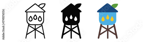 Water tower icons: outline, silhouette, and color variations