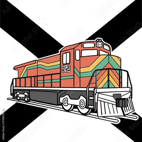 Orange train engine with colorful stripes on black and white background