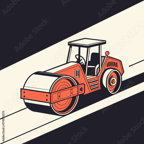 Orange road roller machine on cream and dark blue background