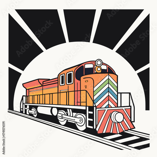 Orange diesel train emerging from black tunnel engine