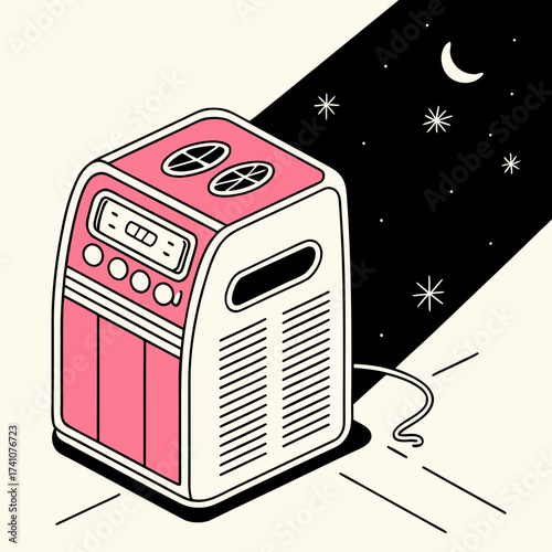 Pink and white air purifier with glowing panel and night sky