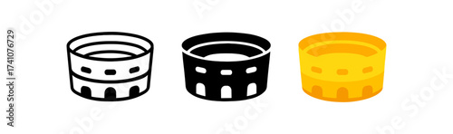Iconic roman amphitheater in trio of styles: outline, silhouette, and gradient