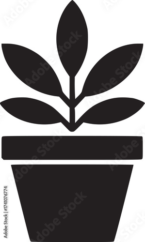 A simple black silhouette of a potted plant with leaves against a plain light gray background space