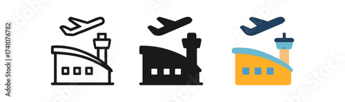 Airport building icons with airplane in outline, solid, and color styles