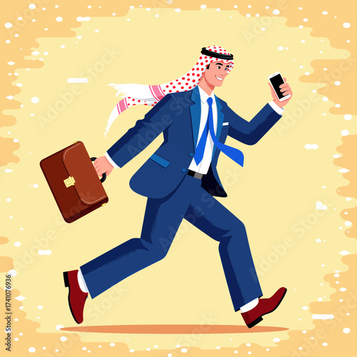 Businessman in Traditional Attire Hurrying Through Desert, Technology in Hand