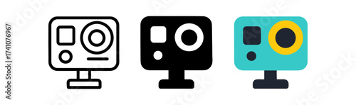 Action camera icons set: colorful and minimalist design variations