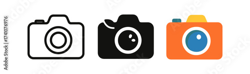 Minimalist camera designs: black and colorful icon set for creative projects