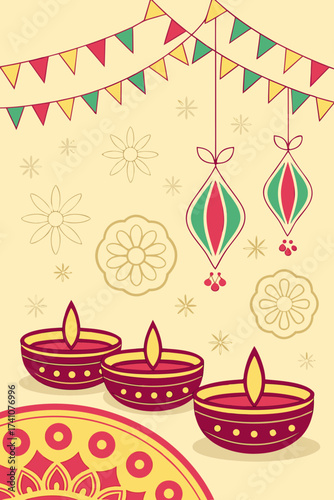 Bright Diwali Festival Vector Background with Diyas and Lanterns