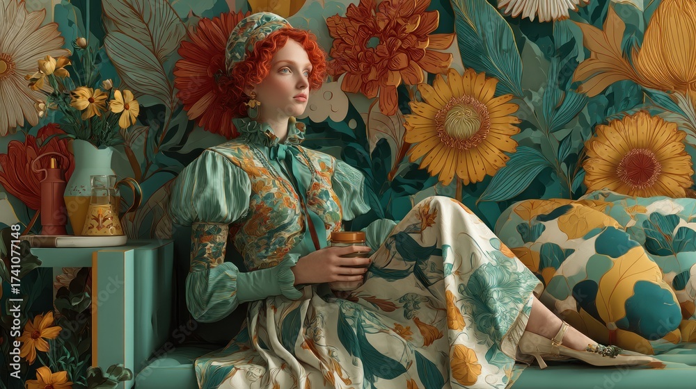 Fototapeta premium Dreamy floral reverie portrait of a woman lost in a floral wonderland setting