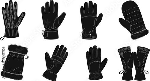 Winter gloves and mittens vector set with leather, knitted, fur-trimmed, laced, stitched, and cozy cold-weather handwear designs