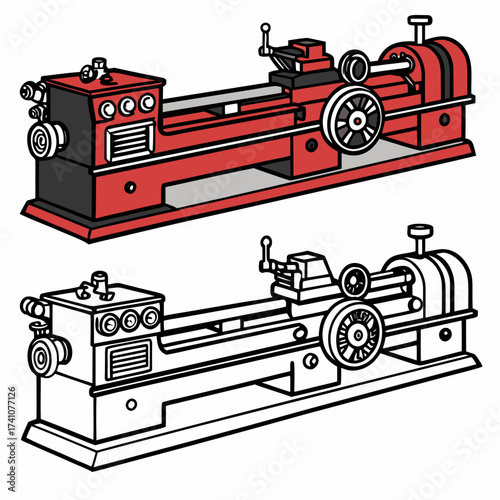 Red and black lathe machine vector illustration industrial equipment