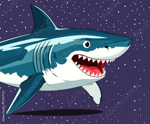 Cartoon Shark in Dark Ocean with Sharp Teeth