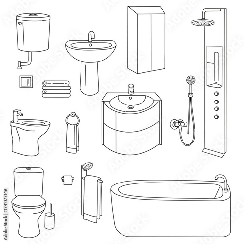Modern bathroom fixtures collection sketch elegant design elements for contemporary spaces and home renovation projects isolated on white background