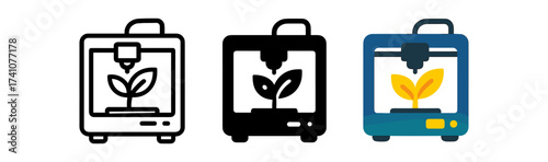 3d printer icons with leaf design: line, solid, and color variations