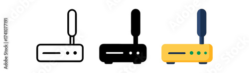Wifi router icons in linear, silhouette, and flat styles for technology design