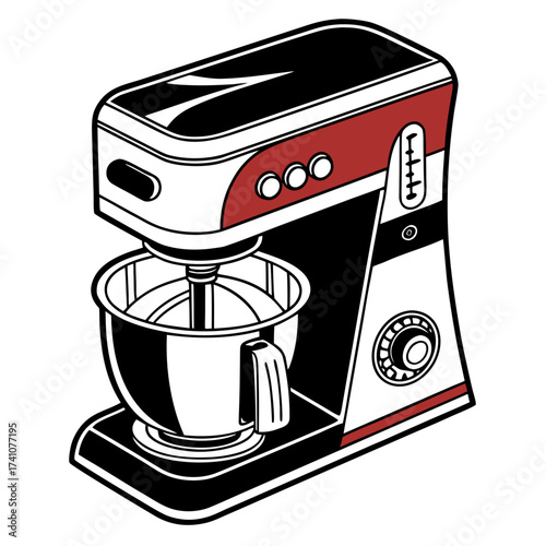 Red and black stand mixer with white accents kitchen appliance