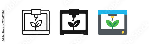 3d printing icons featuring plant design in linear, solid, and color styles