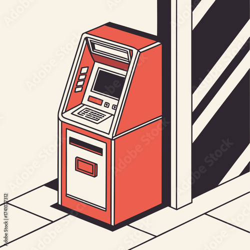 Red and cream vintage style A T M machine vector cash machine