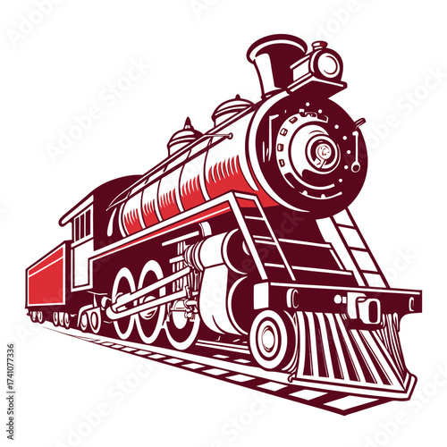 Red and maroon steam locomotive on tracks vector graphic