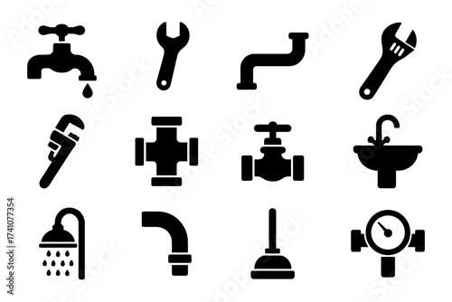 plumbing silhouette icons , faucet, wrench, pipe, valve, sink