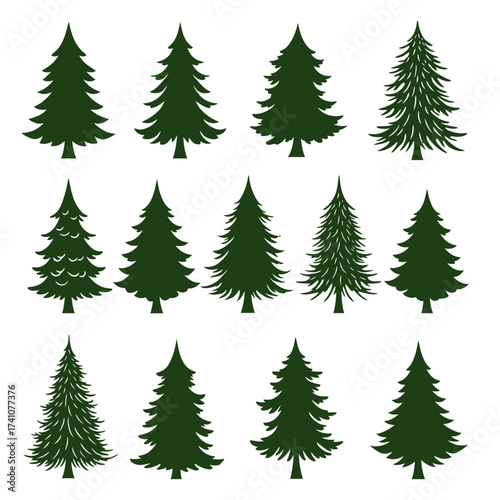 Collection of twelve diverse stylized evergreen trees for festive winter holiday decorations and designs isolated on white background