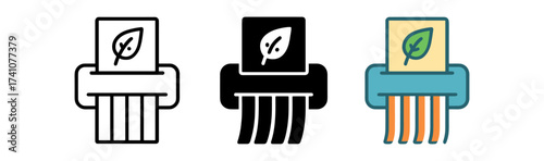 Eco-friendly paper shredder icons with leaf symbol in various styles