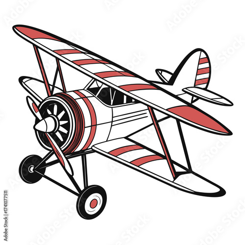 Red and white biplane with propeller and wheels airplane