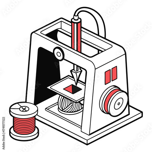 Red and white 3d printer with filament spool additive manufacturing