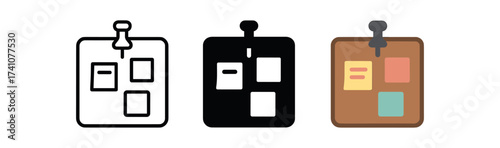 Pinboard icons set: outline, silhouette, and flat designs for notes and planning