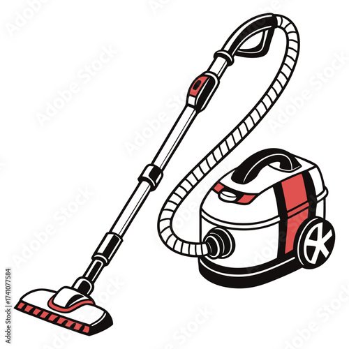 Red and white canister vacuum cleaner with hose and wand