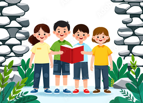 Children Reading Together in Forest Setting