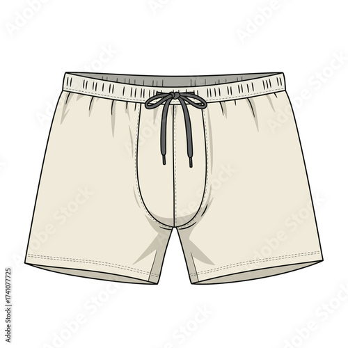 Light yellow boxer shorts with drawstring front view flat lay fashion design sketch isolated on white background