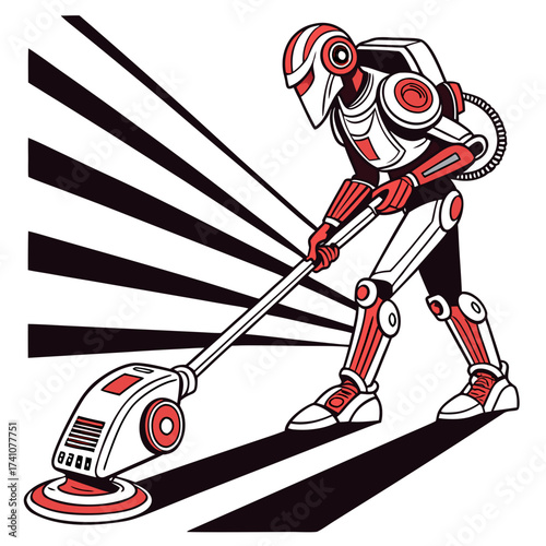Red and white robot vacuuming with radial lines cleaning