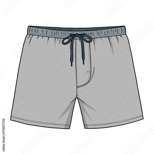 Modern men's grey swim shorts with drawstring waistband and pockets fashion flat lay isolated on white background