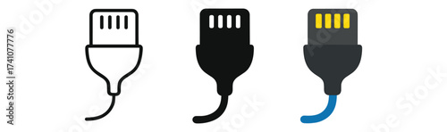 Diverse usb cable icons in linear, silhouette, and colorful styles
