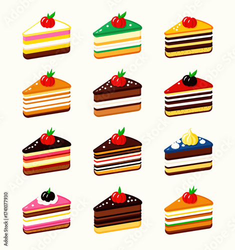 Colorful Assortment of Layered Cakes with Cherries and Cream