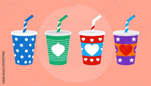 Colorful Drinks in Polka Dot, Stripes, and Hearts Cups with Straws