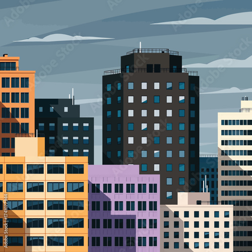 Colorful Cityscape Skyline at Dusk with Diverse Buildings