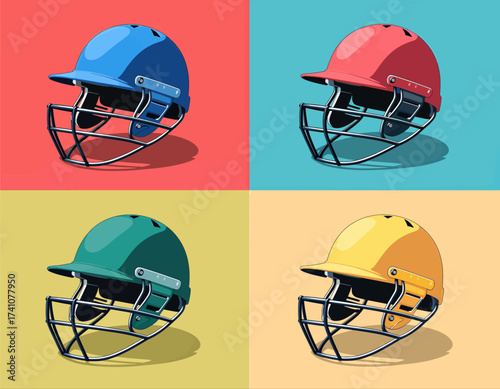 Colorful Cricket Helmets on Bright Backgrounds