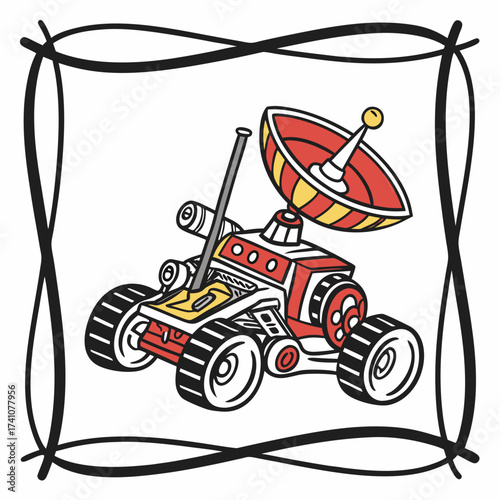 Red and yellow cartoon rover with satellite dish space