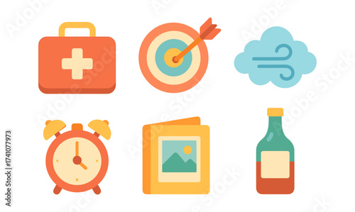 Flat icon set: medical kit, target, cloud, clock, photo album, and bottle