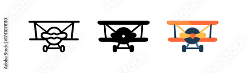 Vintage biplane icons in flat, solid, and colored styles for design projects