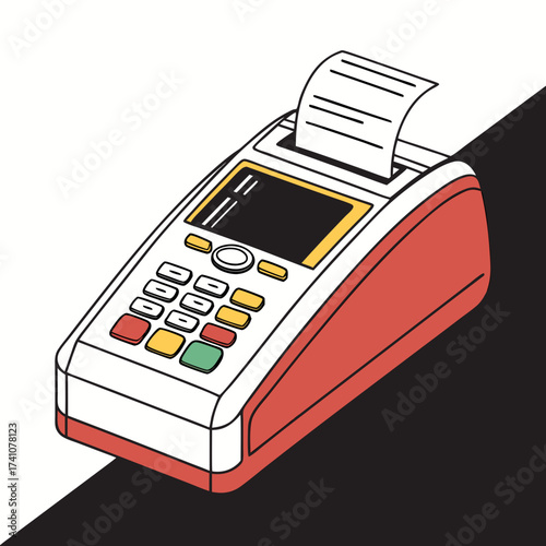 Red and yellow electronic cash register with paper receipt